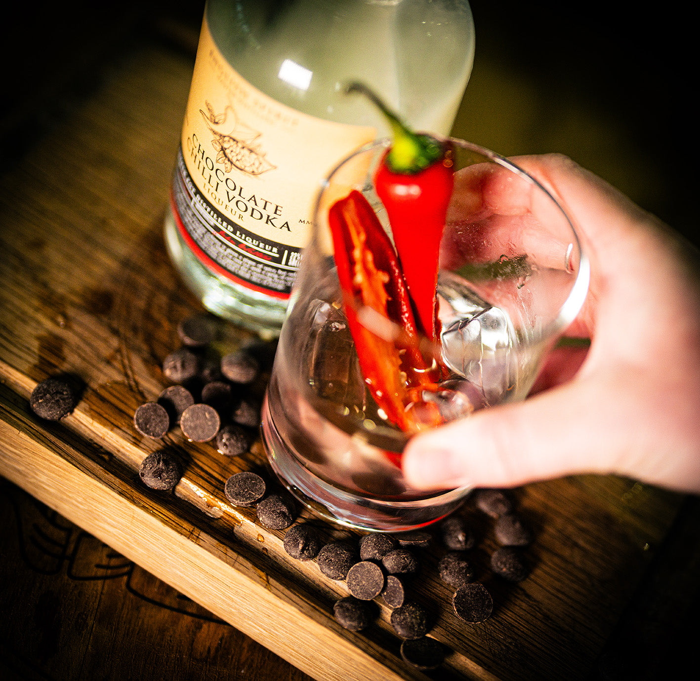 Handcrafted UK vodka liqueur combining creamy chocolate and red chilli peppers. Made by English Spirit Distillery.
