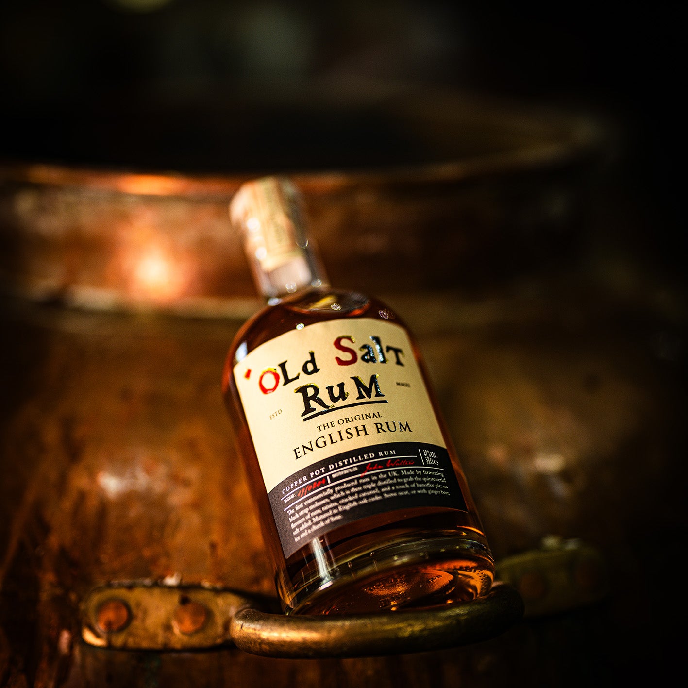 displayed on Alembic Copper Still Old Salt Rum – British rum by English Spirit, 50cl bottle. Displayed on Alembic Copper Still.