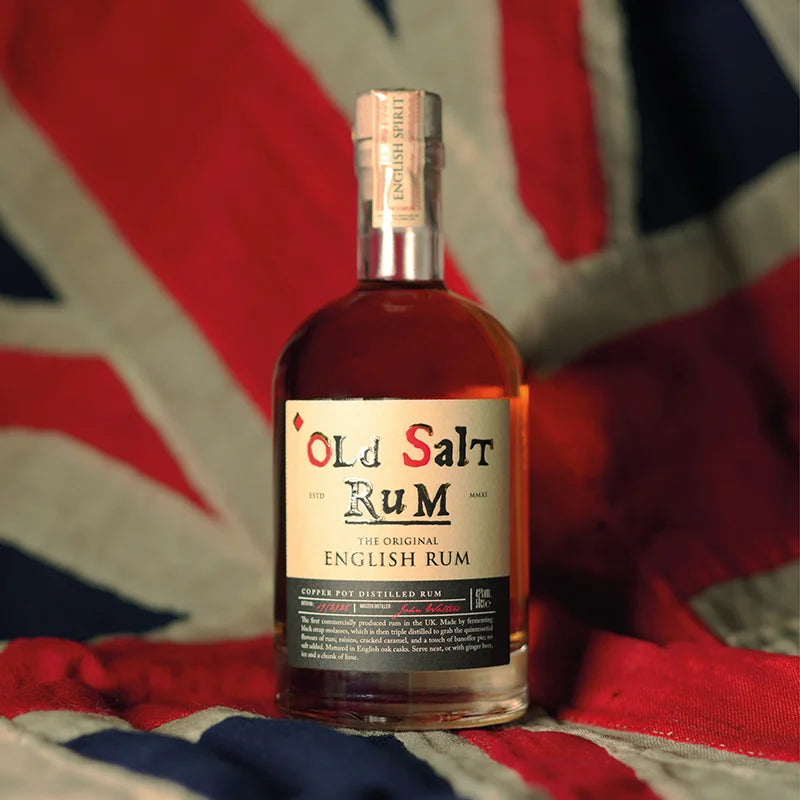 Old Salt Rum – British rum by English Spirit, 50cl bottle displayed in front of Union Jack flag