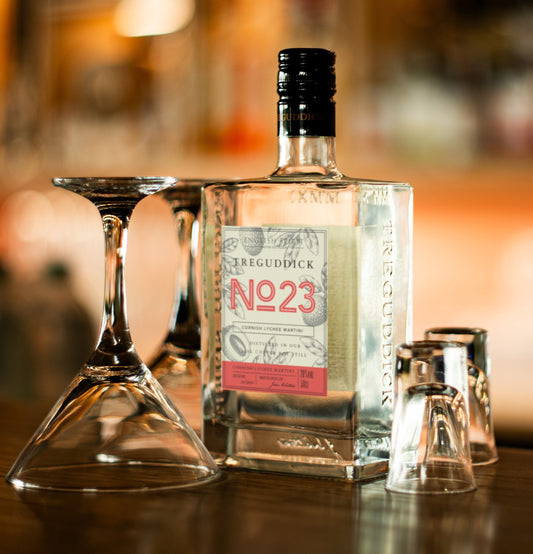 A bottle of lychee martini on the bar at the distillery