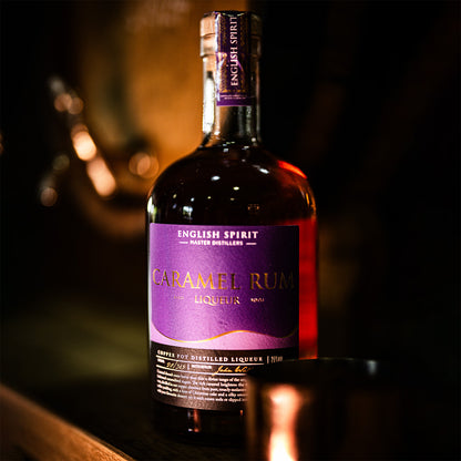 Handcrafted Smooth Caramel Rum Liqueur with golden tones and indulgent flavour, perfect for sipping or gifting.