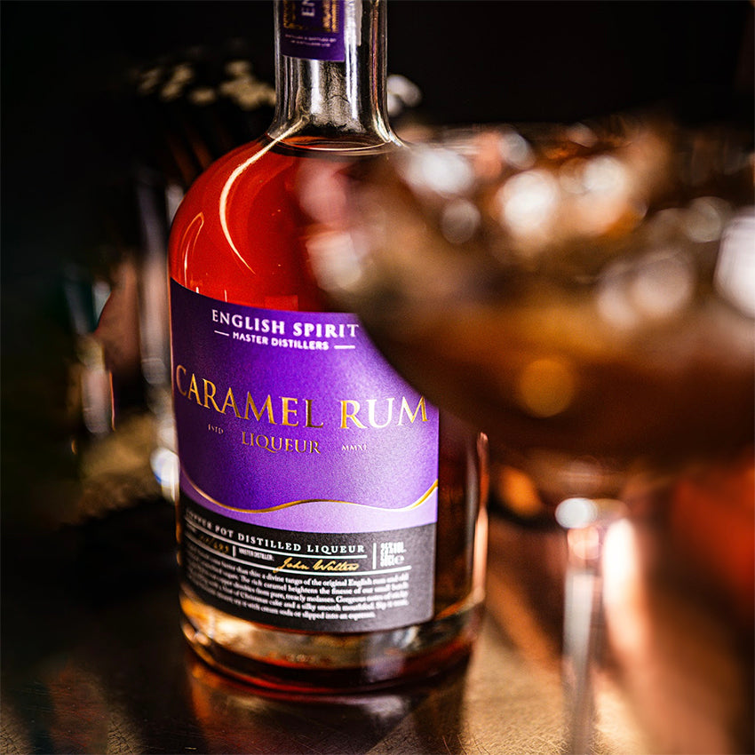 Handcrafted Smooth Caramel Rum Liqueur with golden tones and indulgent flavour, perfect for sipping or gifting.