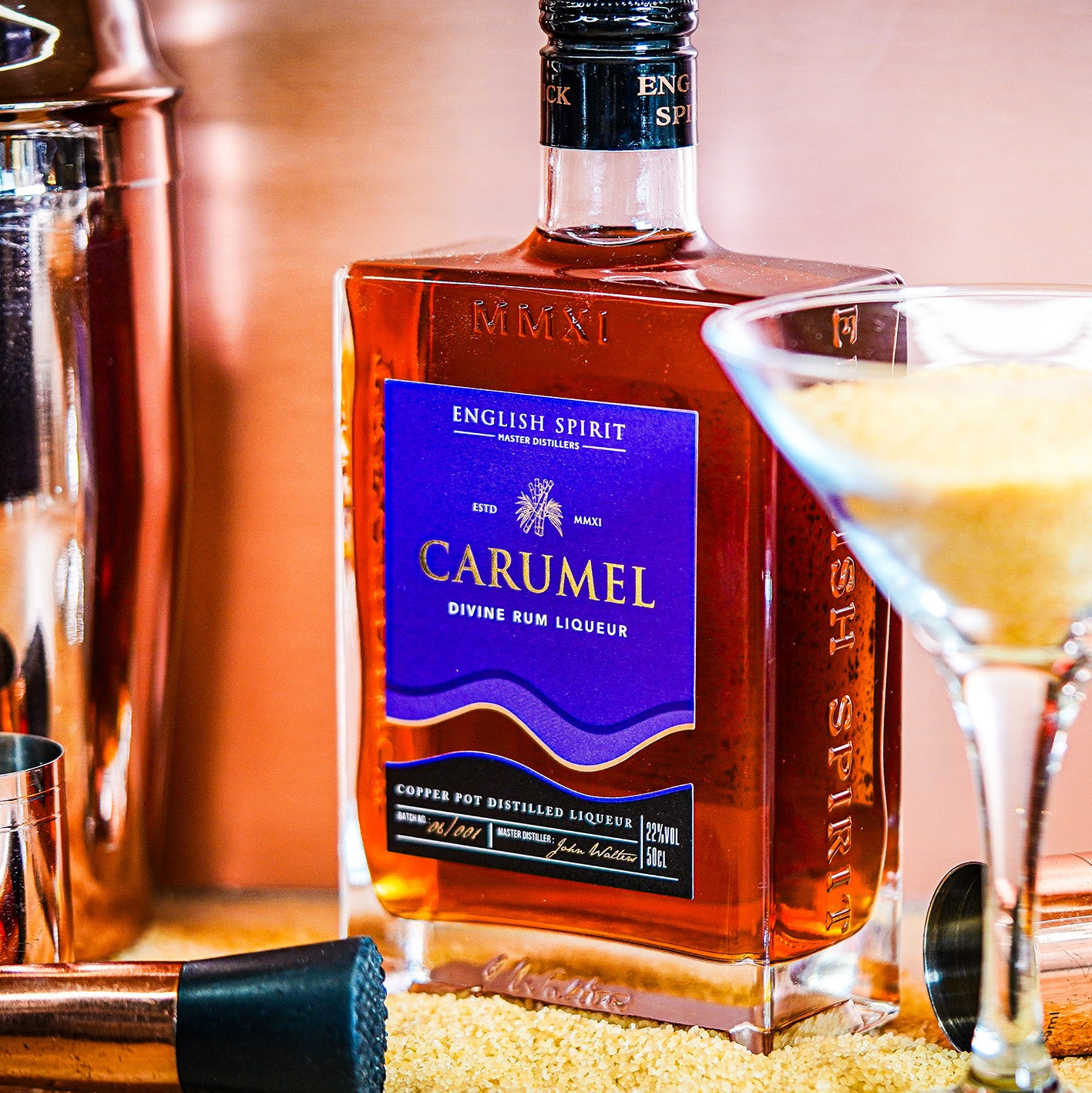 Handcrafted Smooth Caramel Rum Liqueur with golden tones and indulgent flavour, perfect for sipping or gifting.