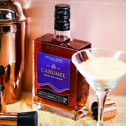 Handcrafted Smooth Caramel Rum Liqueur with golden tones and indulgent flavour, perfect for sipping or gifting.