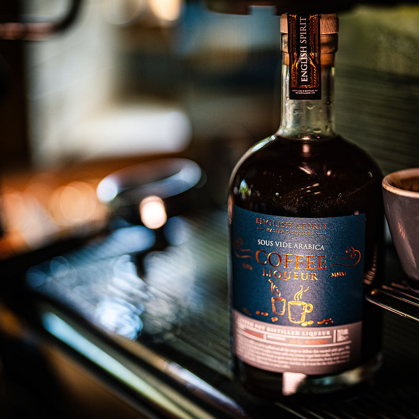 Bottle of handcrafted UK coffee liqueur infused with roasted coffee beans 