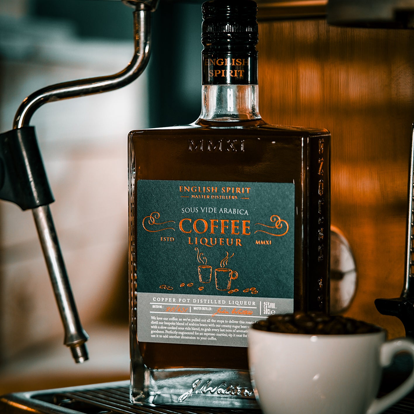 Bottle of handcrafted UK coffee liqueur infused with roasted coffee beans 