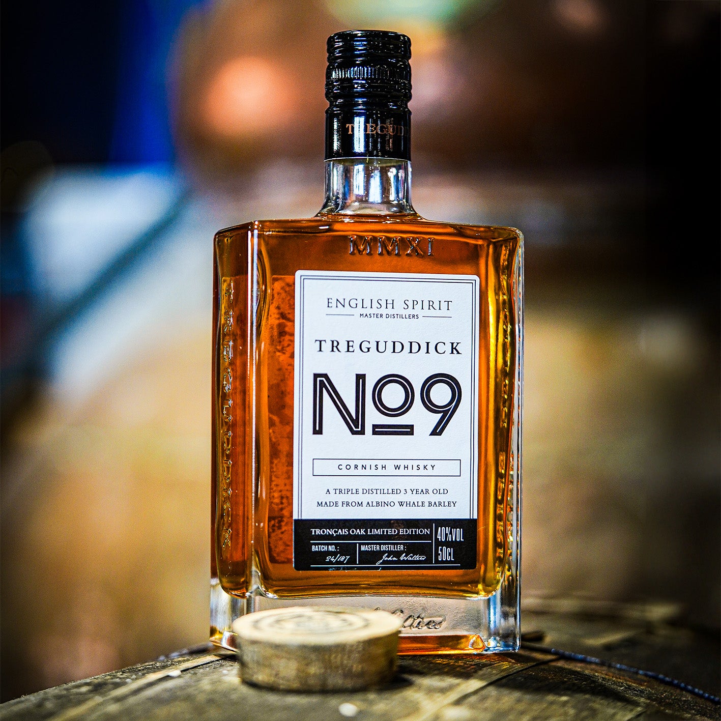 Discover No.9 Cornish rille Distilled Whisky - 100% English Malt from Albino Whale Barley, triple-distilled, aged 3 years in Troncais oak for rich malt, chocolate & tobacco notes.