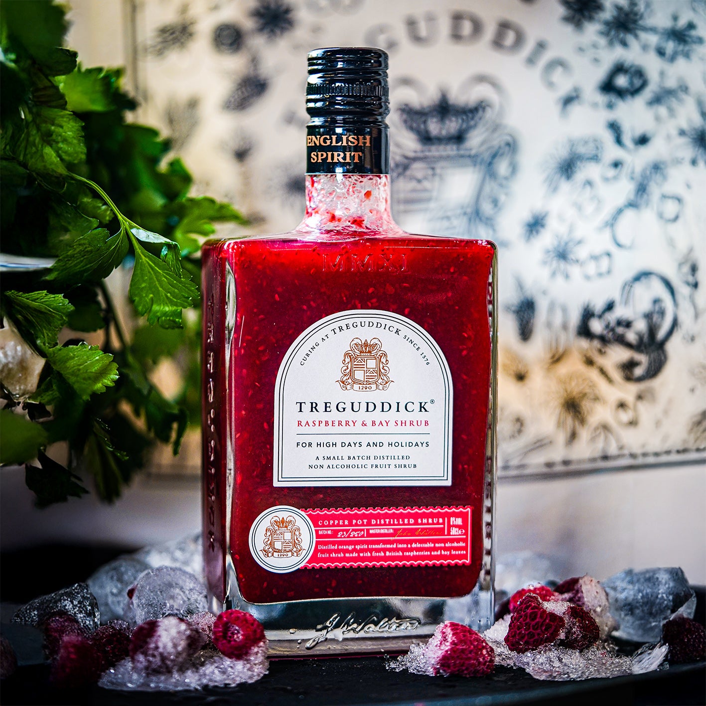 Fruity & Vibrant non-alcohlic Raspberry & Bay Shrub - hand-crafted in the UK with distilled orange spirit vinegar, fresh raspberries, fragrant bay leaves. Perfect with tonic, sparkling water or bubbles for a vibrant, flavour-packed mixer.