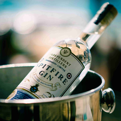 Barbados Spitfire Gin. 50cl bottle. Nestled in ice beside a tropical backdrop. A crisp London Dry Gin that is silky smooth.